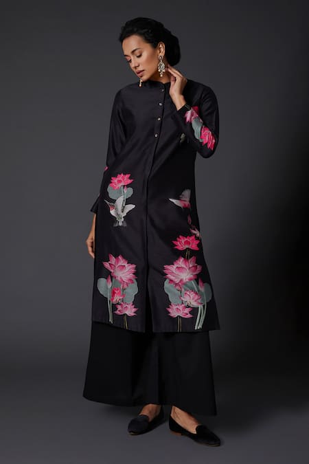 Balance By Rohit Bal Black Chanderi Silk, Cotton Embroidery Mandarin Collar Printed And Tunic Set Online at Aza Fashions Balance By Rohit Bal_Black Chanderi Silk, Cotton Embroidery Mandarin Collar Printed And Tunic Set _Online_at_Aza_Fashions