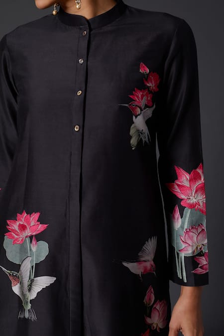 Shop Balance By Rohit Bal Black Chanderi Silk, Cotton Embroidery Mandarin Collar Printed And Tunic Set Online at Aza Fashions Shop_Balance By Rohit Bal_Black Chanderi Silk, Cotton Embroidery Mandarin Collar Printed And Tunic Set _Online_at_Aza_Fashions