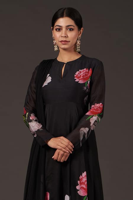 Balance By Rohit Bal_Black Chanderi Round , Keyhole Floral Digital Print Anarkali Set _Online_at_Aza_Fashions