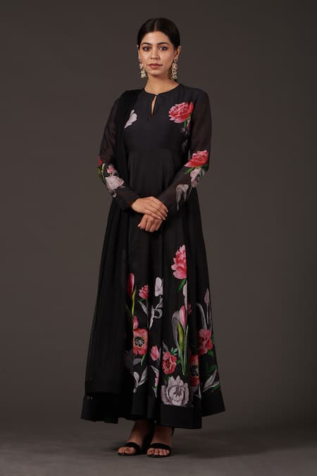 Buy_Balance By Rohit Bal_Black Chanderi Round , Keyhole Floral Digital Print Anarkali Set _Online_at_Aza_Fashions
