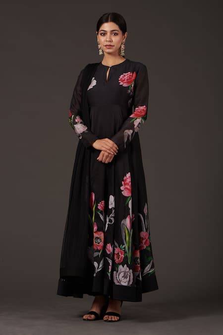Shop_Balance By Rohit Bal_Black Chanderi Round , Keyhole Floral Digital Print Anarkali Set _Online_at_Aza_Fashions