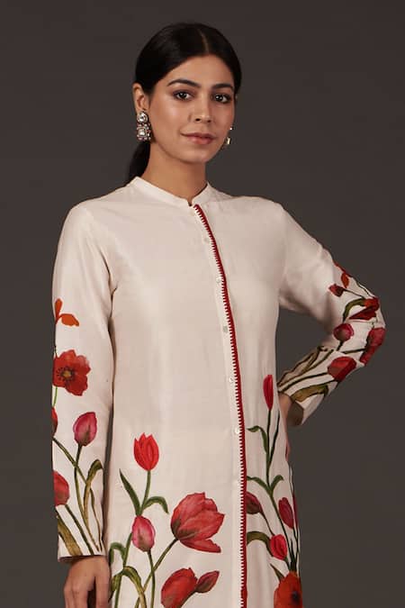 Balance By Rohit Bal_Ivory Chanderi Beads Mandarin Collar, Button-down Print With Palazzo _Online_at_Aza_Fashions