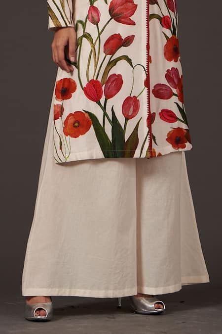 Buy_Balance By Rohit Bal_Ivory Chanderi Beads Mandarin Collar, Button-down Print With Palazzo _Online_at_Aza_Fashions