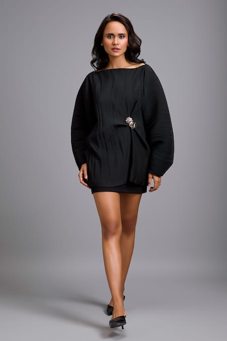 Buy_Deepika Arora_Black Boat Neck Pleated Voluminous Top  _Online_at_Aza_Fashions