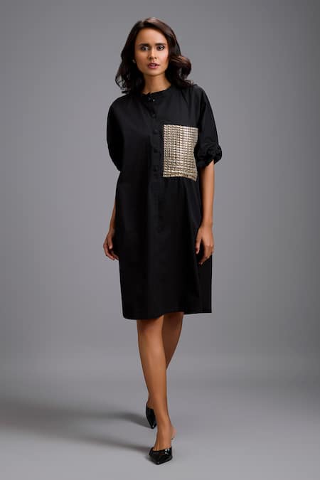 Deepika Arora_Black Cotton Sequins Round Neck Oversize Shirt Dress  _Online_at_Aza_Fashions
