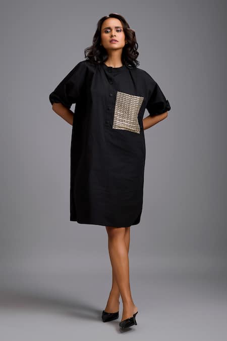Buy_Deepika Arora_Black Cotton Sequins Round Neck Oversize Shirt Dress  _Online_at_Aza_Fashions