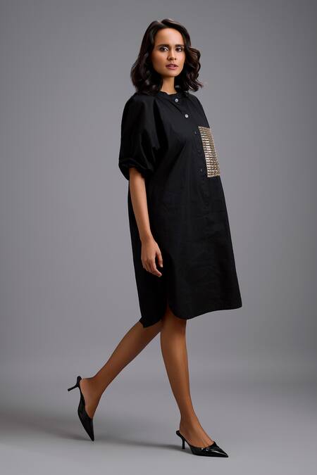 Shop_Deepika Arora_Black Cotton Sequins Round Neck Oversize Shirt Dress  _Online_at_Aza_Fashions