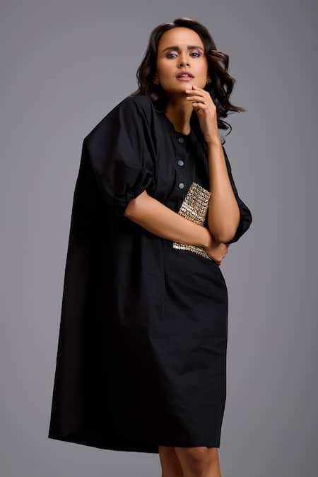 Buy_Deepika Arora_Black Cotton Sequins Round Neck Oversize Shirt Dress  