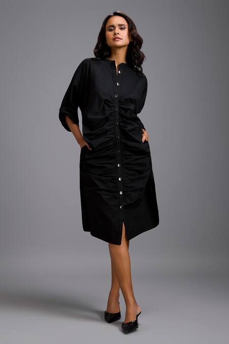 Deepika Arora Black Cotton Collared Button-down Ruched Shirt Dress Online at Aza Fashions Deepika Arora_Black Cotton Collared Button-down Ruched Shirt Dress _Online_at_Aza_Fashions