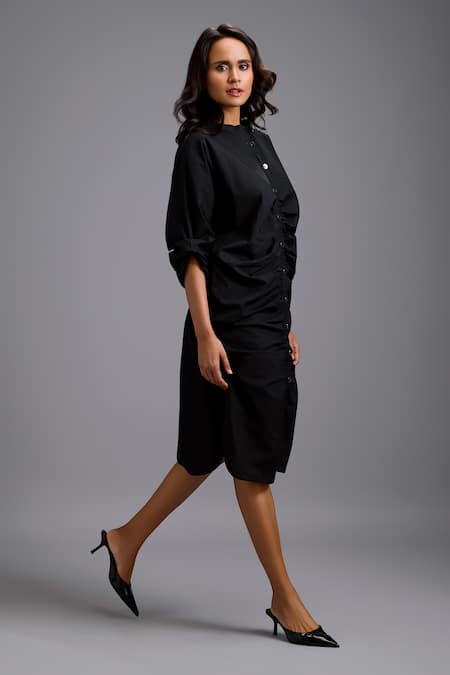 Buy Deepika Arora Black Cotton Collared Button-down Ruched Shirt Dress Online at Aza Fashions Buy_Deepika Arora_Black Cotton Collared Button-down Ruched Shirt Dress _Online_at_Aza_Fashions