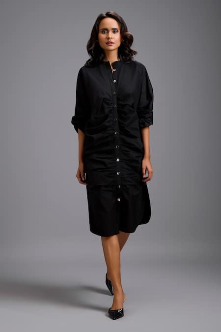 Shop Deepika Arora Black Cotton Collared Button-down Ruched Shirt Dress Online at Aza Fashions Shop_Deepika Arora_Black Cotton Collared Button-down Ruched Shirt Dress _Online_at_Aza_Fashions