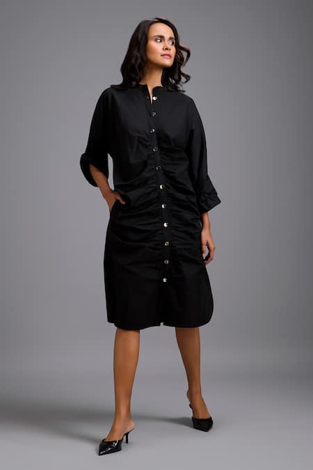 Buy Deepika Arora Black Cotton Collared Button-down Ruched Shirt Dress Buy_Deepika Arora_Black Cotton Collared Button-down Ruched Shirt Dress
