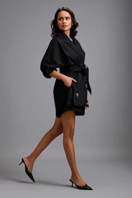 Deepika Arora_Black Cotton Bows, Crystals V-neck, Tailored Playsuit With Embellished Belt _Online_at_Aza_Fashions