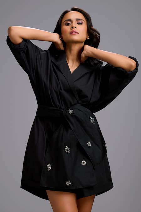 Deepika Arora_Black Cotton Bows, Crystals V-neck, Tailored Playsuit With Embellished Belt _at_Aza_Fashions