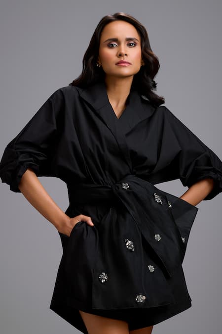 Buy_Deepika Arora_Black Cotton Bows, Crystals V-neck, Tailored Playsuit With Embellished Belt 