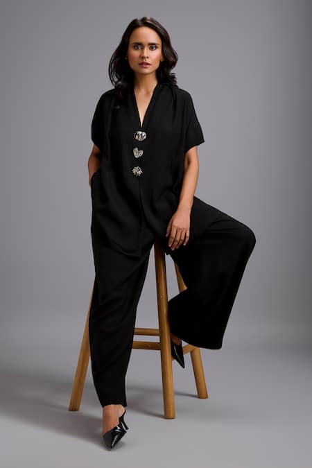 Buy_Deepika Arora_Black Linen Crystals V-neck Embellished Top And Pant Set _Online_at_Aza_Fashions