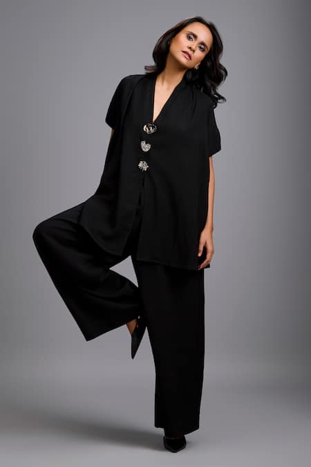 Shop_Deepika Arora_Black Linen Crystals V-neck Embellished Top And Pant Set _Online_at_Aza_Fashions