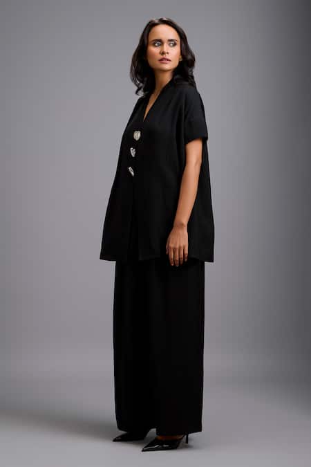 Shop_Deepika Arora_Black Linen Crystals V-neck Embellished Top And Pant Set 