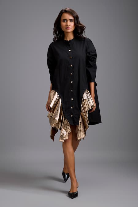 Shop_Deepika Arora_Black Cotton Ruffles Mandarin Collar Asymmetrical Mini Dress _Online_at_Aza_Fashions