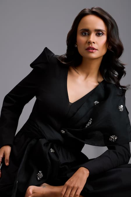 Deepika Arora_Black Ponte Roma Crystals V-neck Structured Jumpsuit With Embellished Belt _Online_at_Aza_Fashions