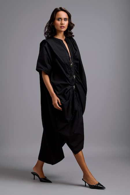 Deepika Arora_Black Cotton Buckles V-neck, Mandarin Collar Oversize Draped Kaftan Dress  _Online_at_Aza_Fashions