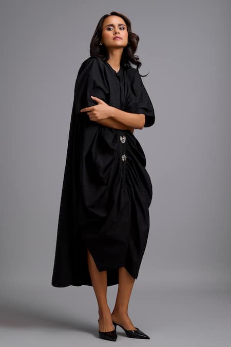 Buy_Deepika Arora_Black Cotton Buckles V-neck, Mandarin Collar Oversize Draped Kaftan Dress  _Online_at_Aza_Fashions