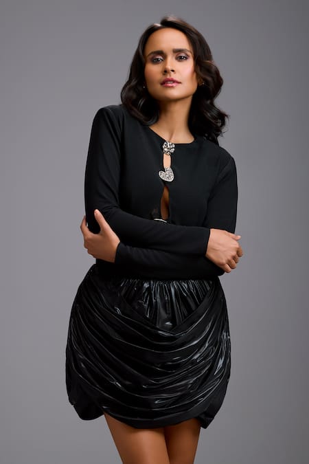 Buy_Deepika Arora_Black Net Brooches Round Neck Front Cutout Shimmer Dress _Online_at_Aza_Fashions