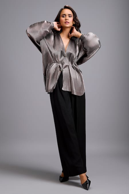 Deepika Arora_Gray V-neck Pleated Peplum Top  _Online_at_Aza_Fashions