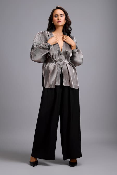 Buy_Deepika Arora_Gray V-neck Pleated Peplum Top  _Online_at_Aza_Fashions