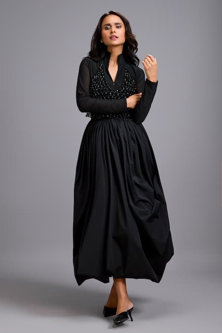 Deepika Arora_Black Net Beads Split , High Neck, Fit And Flare Dress With Jacket _Online_at_Aza_Fashions