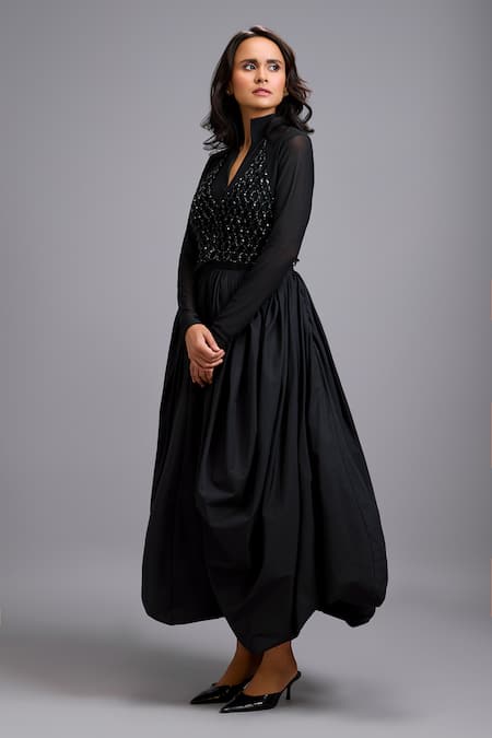 Buy_Deepika Arora_Black Net Beads Split , High Neck, Fit And Flare Dress With Jacket _Online_at_Aza_Fashions