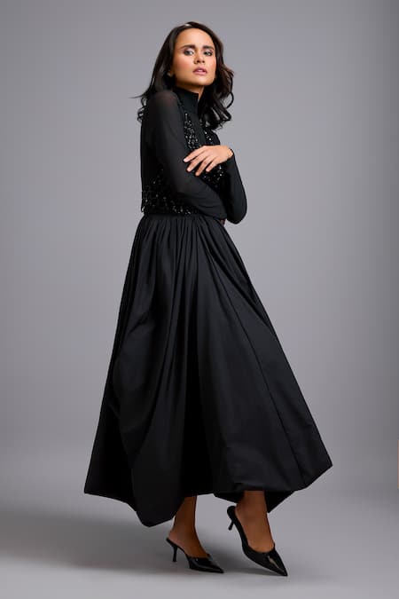 Shop_Deepika Arora_Black Net Beads Split , High Neck, Fit And Flare Dress With Jacket _Online_at_Aza_Fashions