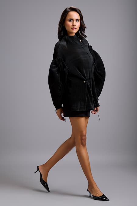 Shop_Deepika Arora_Black High Neck Pleated Top _Online_at_Aza_Fashions