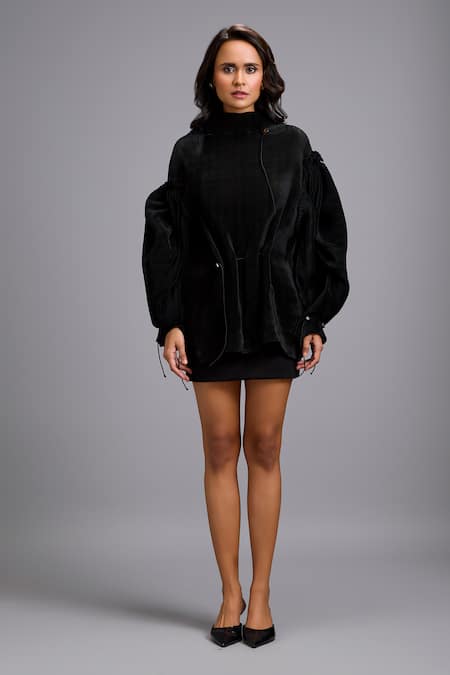 Deepika Arora_Black High Neck Pleated Top _at_Aza_Fashions