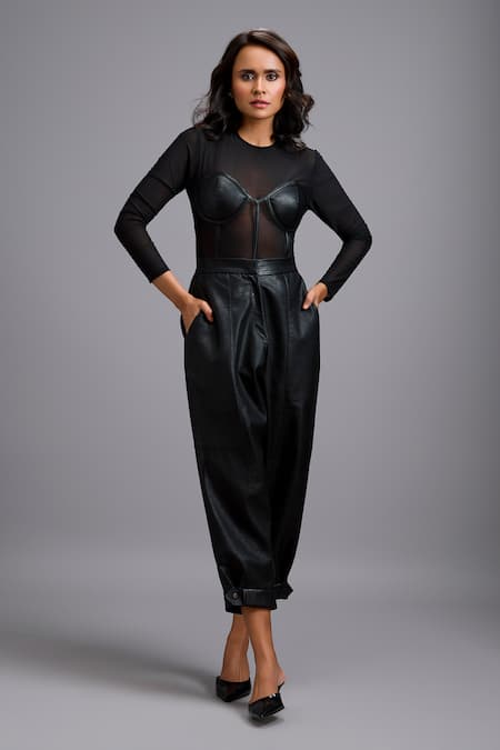 Deepika Arora Sheer Bodysuit & Cuffed Leather Pant Set 