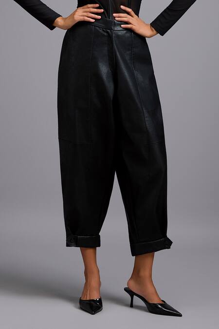 Deepika Arora_Black Net, Leather Round Neck Sheer Bodysuit And Cuffed Pant Set _Online_at_Aza_Fashions