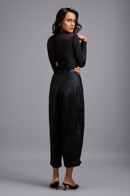 Deepika Arora Sheer Net & Leather Bustier Bodysuit 