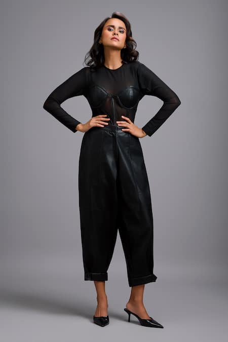 Deepika Arora Sheer Net & Leather Bustier Bodysuit 