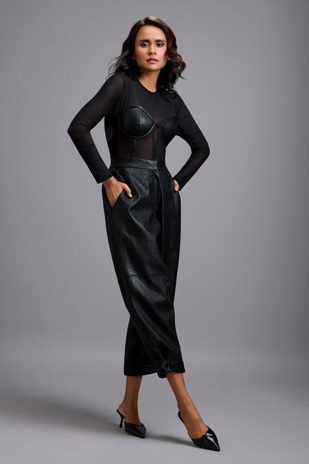 Buy_Deepika Arora_Black Net, Leather Round Neck Sheer And Bustier Bodysuit _Online_at_Aza_Fashions