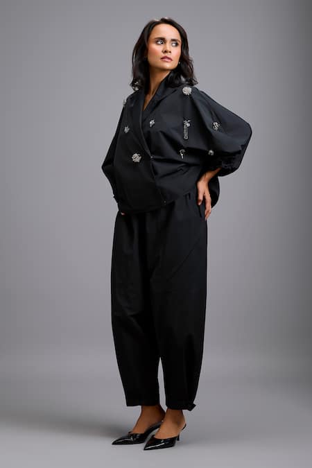 Deepika Arora_Black Embellished Blazer And Drop-crotch Pant Set _at_Aza_Fashions