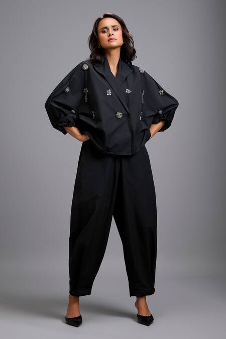 Deepika Arora_Black Brooches Embellished Sleeve Boxy Cropped Blazer _Online_at_Aza_Fashions