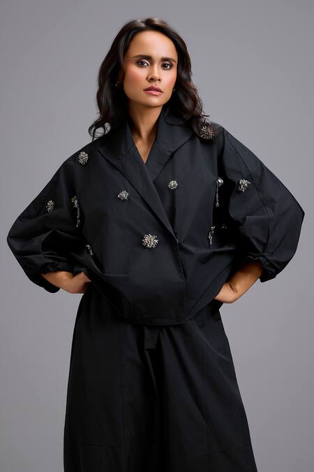 Shop_Deepika Arora_Black Brooches Embellished Sleeve Boxy Cropped Blazer _Online_at_Aza_Fashions