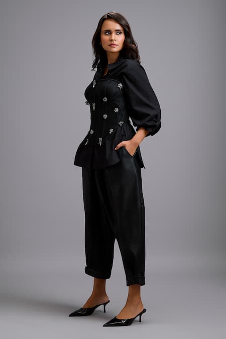 Buy_Deepika Arora_Black Leather, Net Rhinestones Collared, Embellished Corset Shirt And Pant Set _Online_at_Aza_Fashions