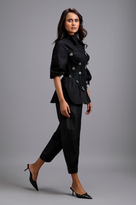 Shop_Deepika Arora_Black Leather, Net Rhinestones Collared, Embellished Corset Shirt And Pant Set _Online_at_Aza_Fashions