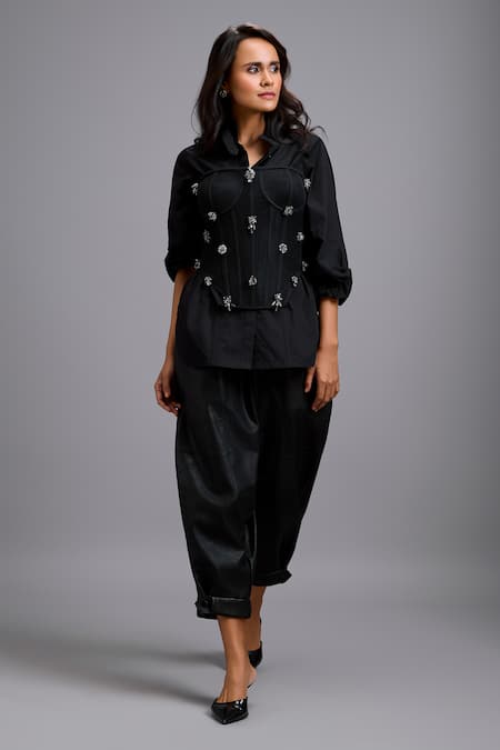 Deepika Arora_Black Leather, Net Rhinestones Collared, Embellished Corset Shirt And Pant Set _at_Aza_Fashions