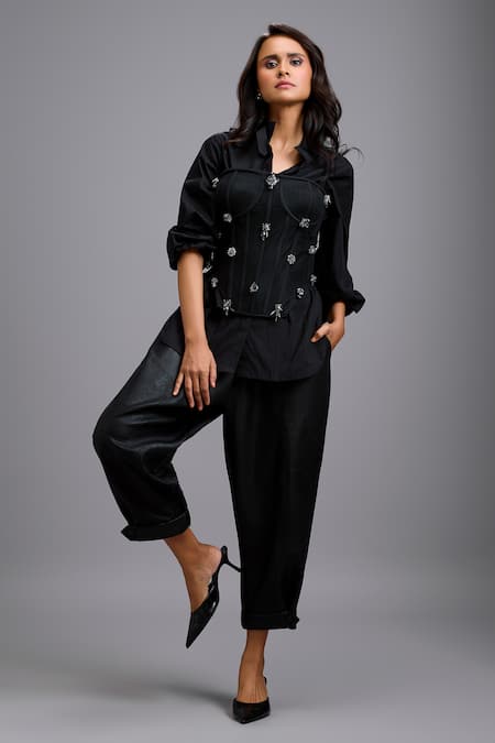 Buy_Deepika Arora_Black Leather, Net Rhinestones Collared, Embellished Corset Shirt And Pant Set 