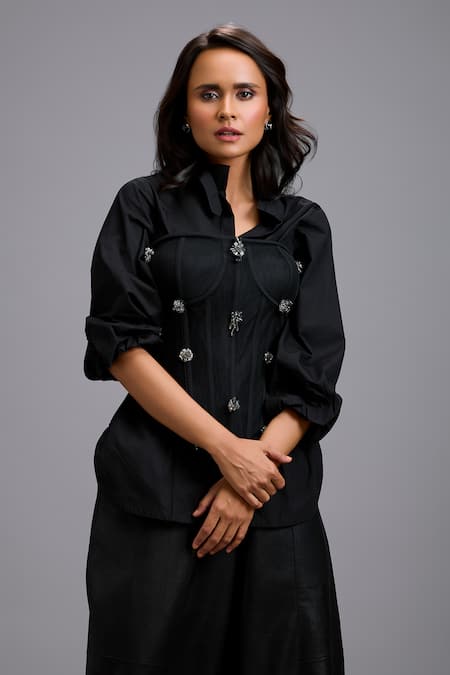 Shop_Deepika Arora_Black Leather, Net Rhinestones Collared, Embellished Corset Shirt And Pant Set 