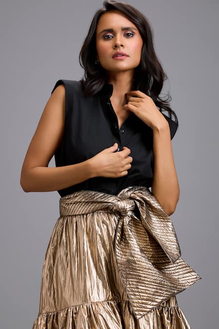 Shop_Deepika Arora_Black Cotton Bows Collared Sleeveless Shirt And Metallic High-low Skirt Set _Online_at_Aza_Fashions