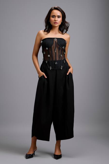 Buy_Deepika Arora_Black Net Rhinestones, Stones Bandeau Neck Embellished Sheer Corset And Pant Set _Online_at_Aza_Fashions