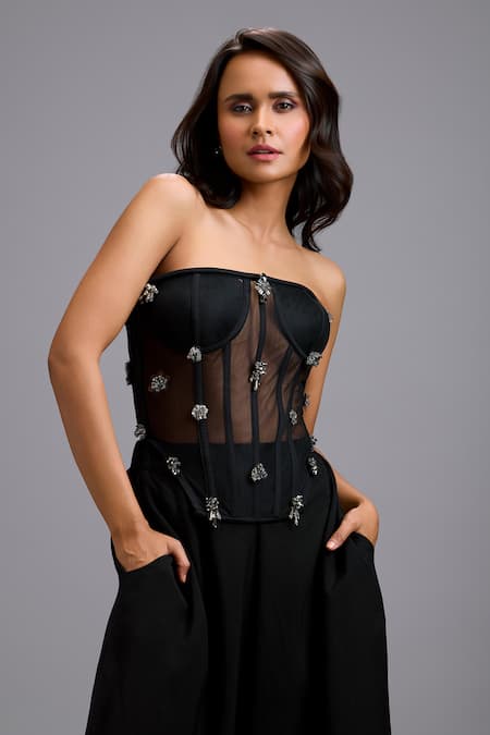 Shop_Deepika Arora_Black Net Rhinestones, Stones Bandeau Neck Embellished Sheer Corset And Pant Set 